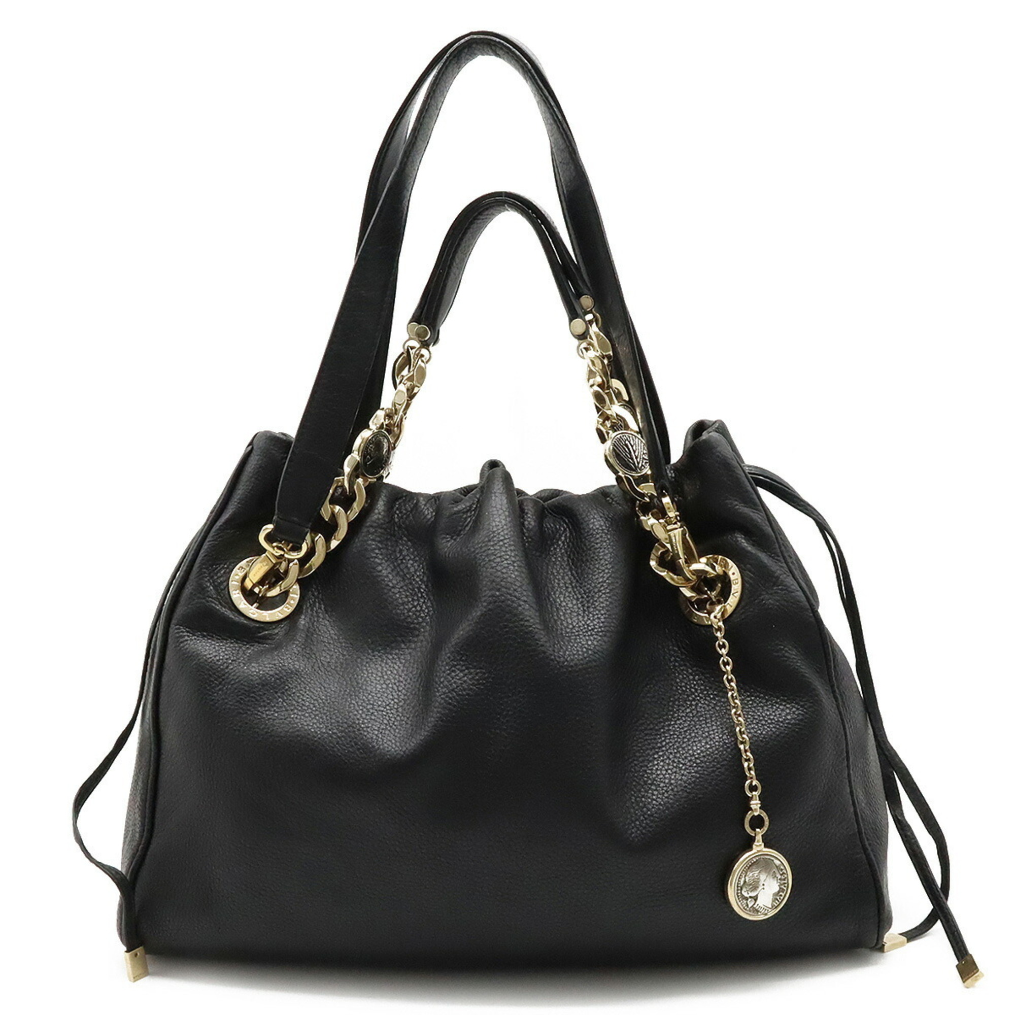 Bvlgari Monete Tote Bag Shoulder Chain Handbag Leather Black